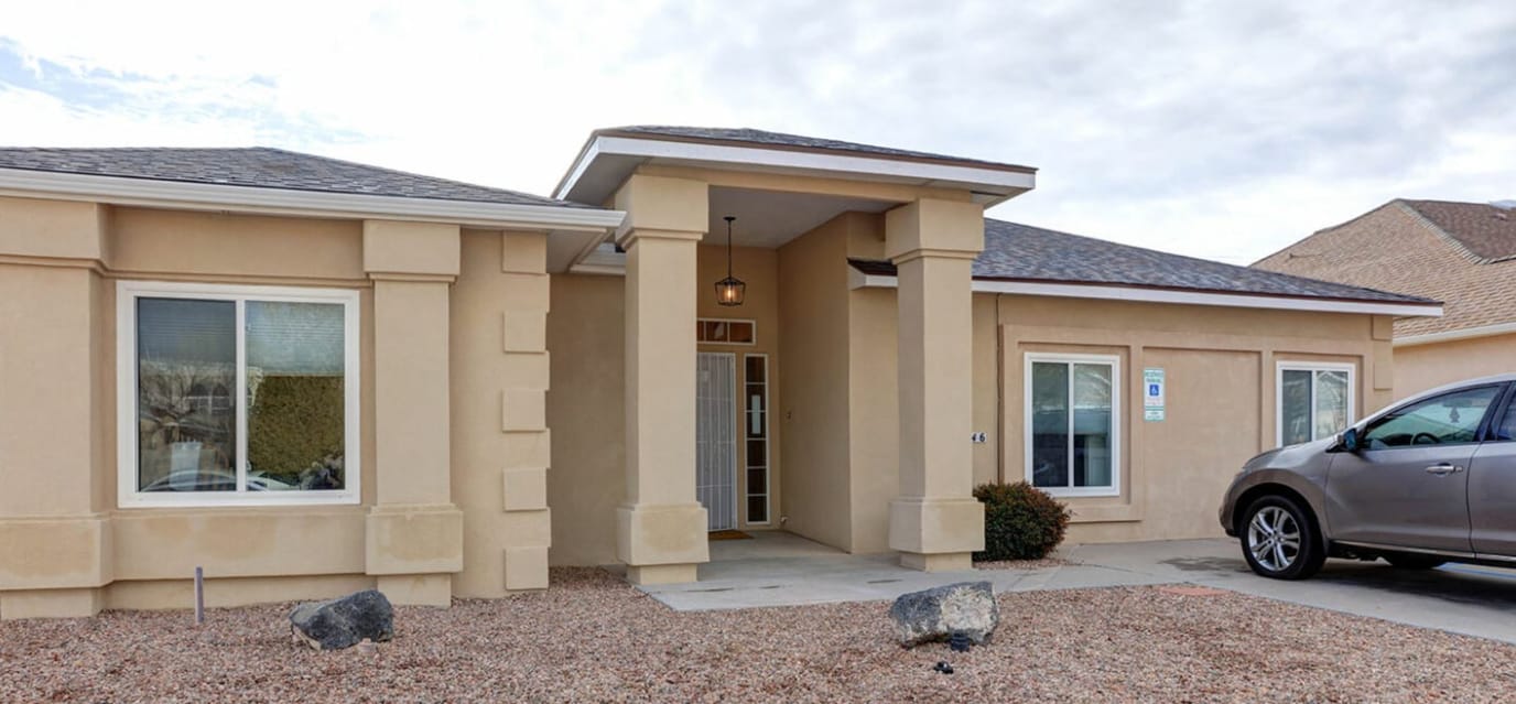 Exterior view of a senior living building entrance
