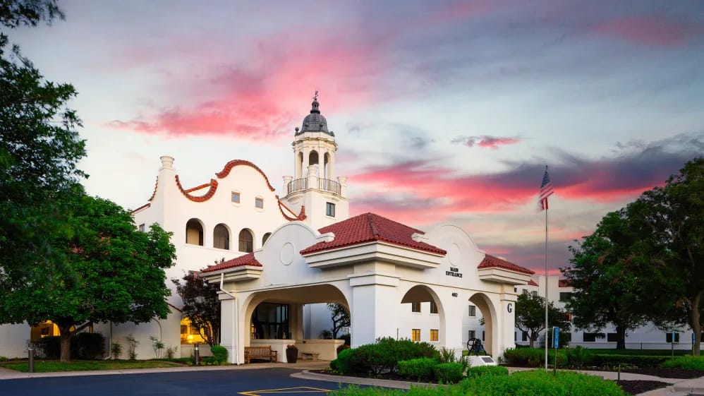Exterior view of Oxford Vista with sunset sky