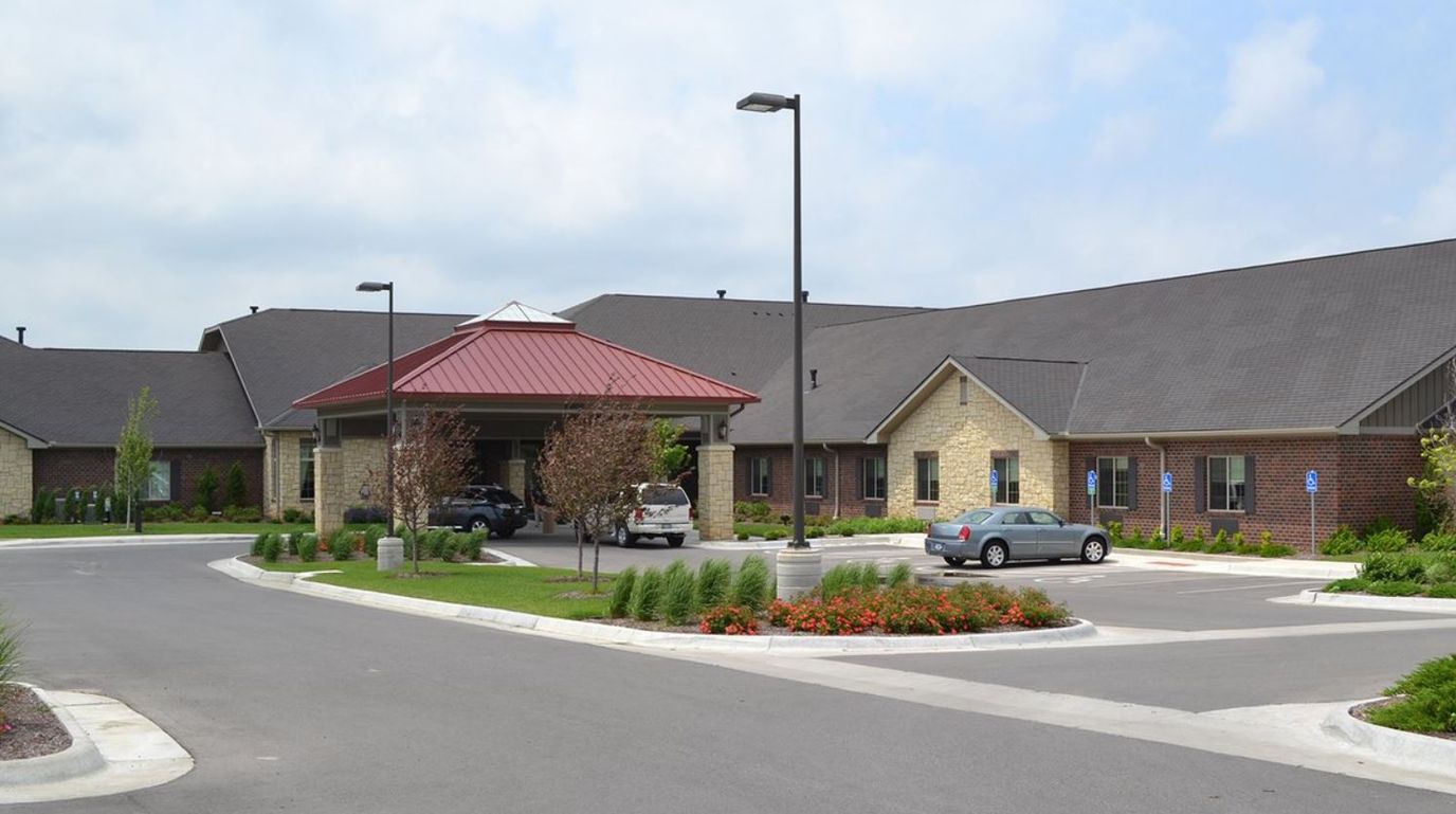 Exterior view of a senior care facility entrance