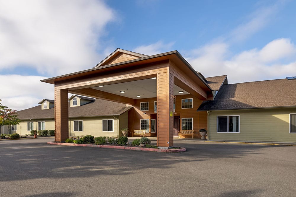 Exterior view of Brookdale Roseburg facility entrance