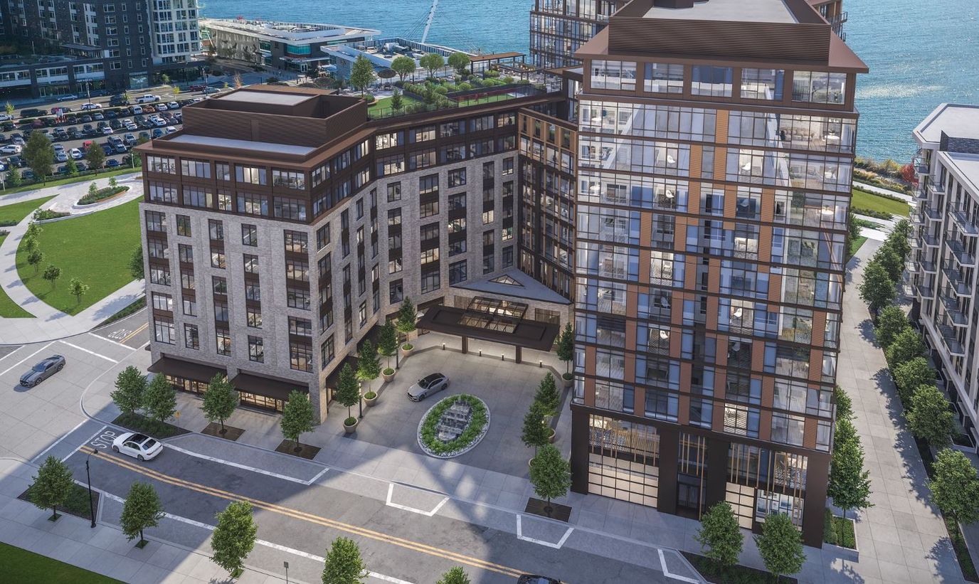 Aerial view of the building exterior and surrounding outdoor space