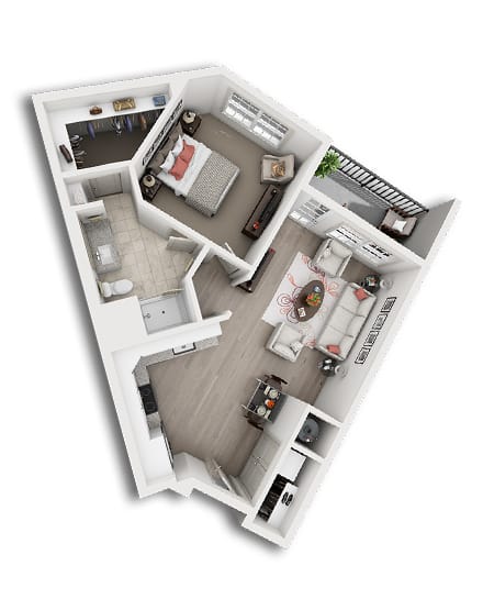 Architectural floor plan of a one-bedroom unit