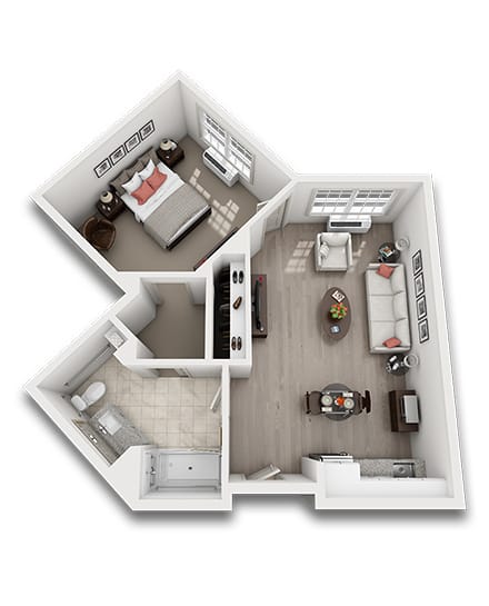 Floor plan of a one-bedroom senior living unit