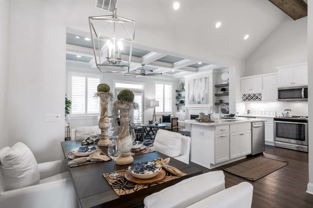 Bright, modern interior dining area with table setting