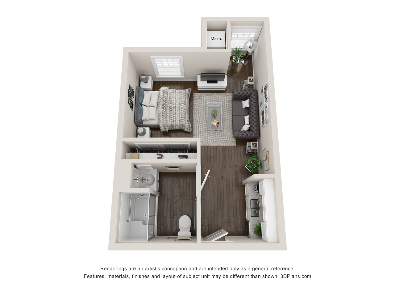 Floor plan layout of a one-bedroom unit