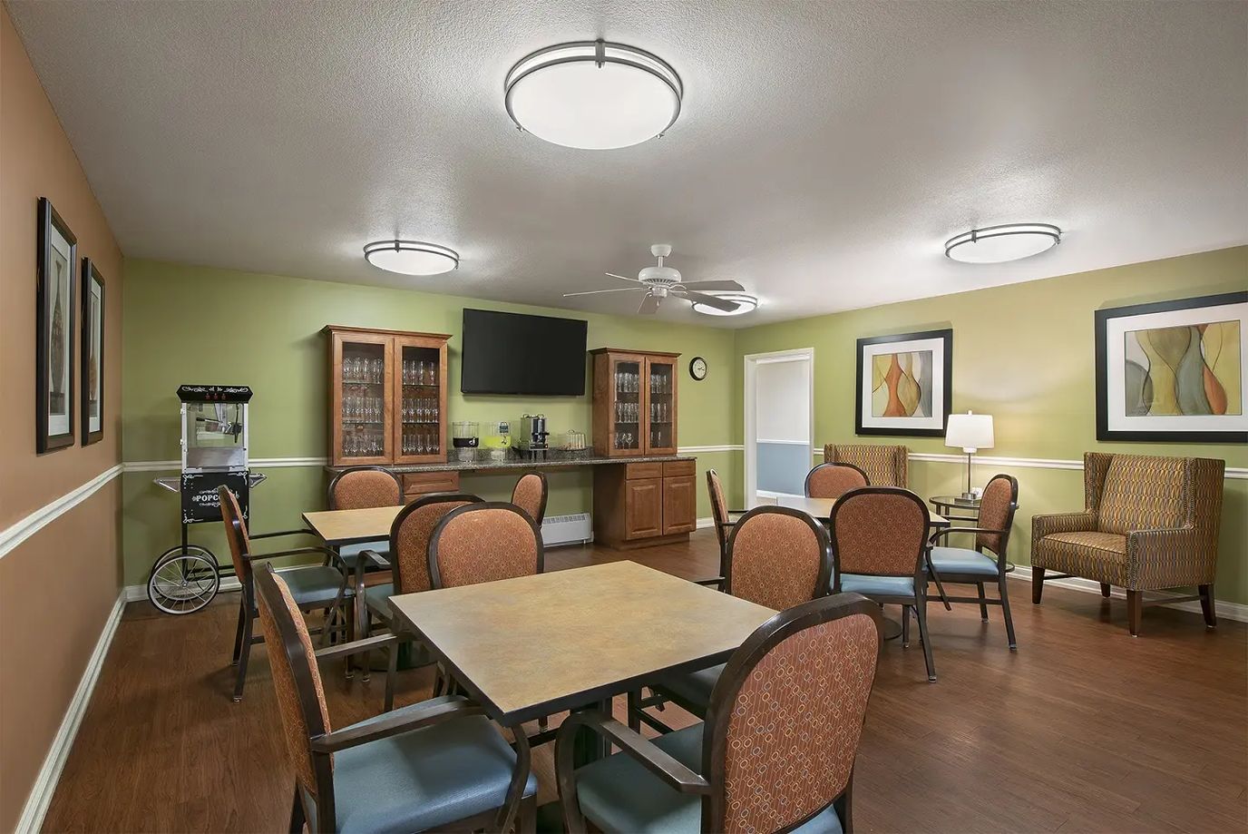 Dining area with tables and chairs in a common space