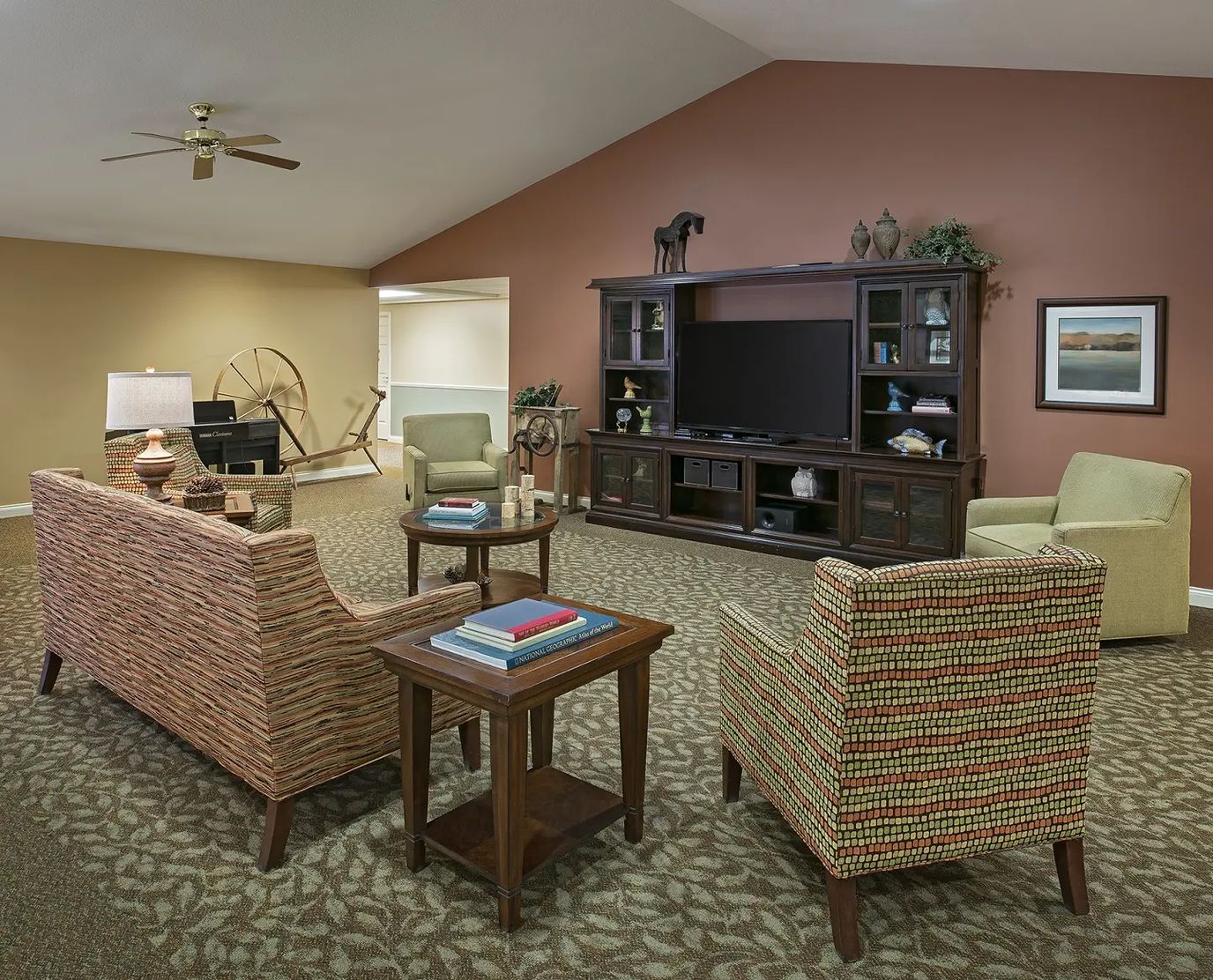 Bright common area with seating and decor