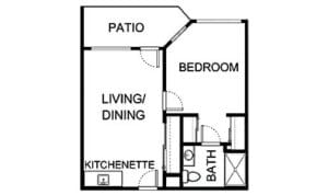 Architectural floor plan for resident unit with patio