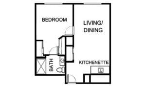 Architectural floor plan of a one-bedroom unit