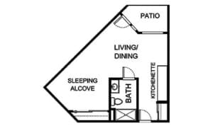 Architectural floor plan of a living unit with patio