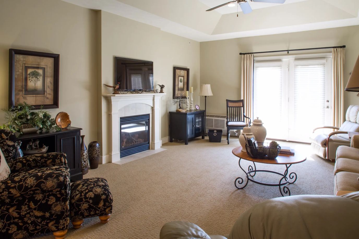 Cozy common area with seating and fireplace