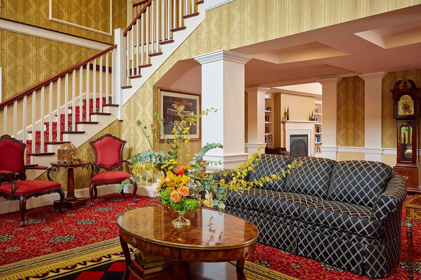 Bright interior common area with a floral arrangement