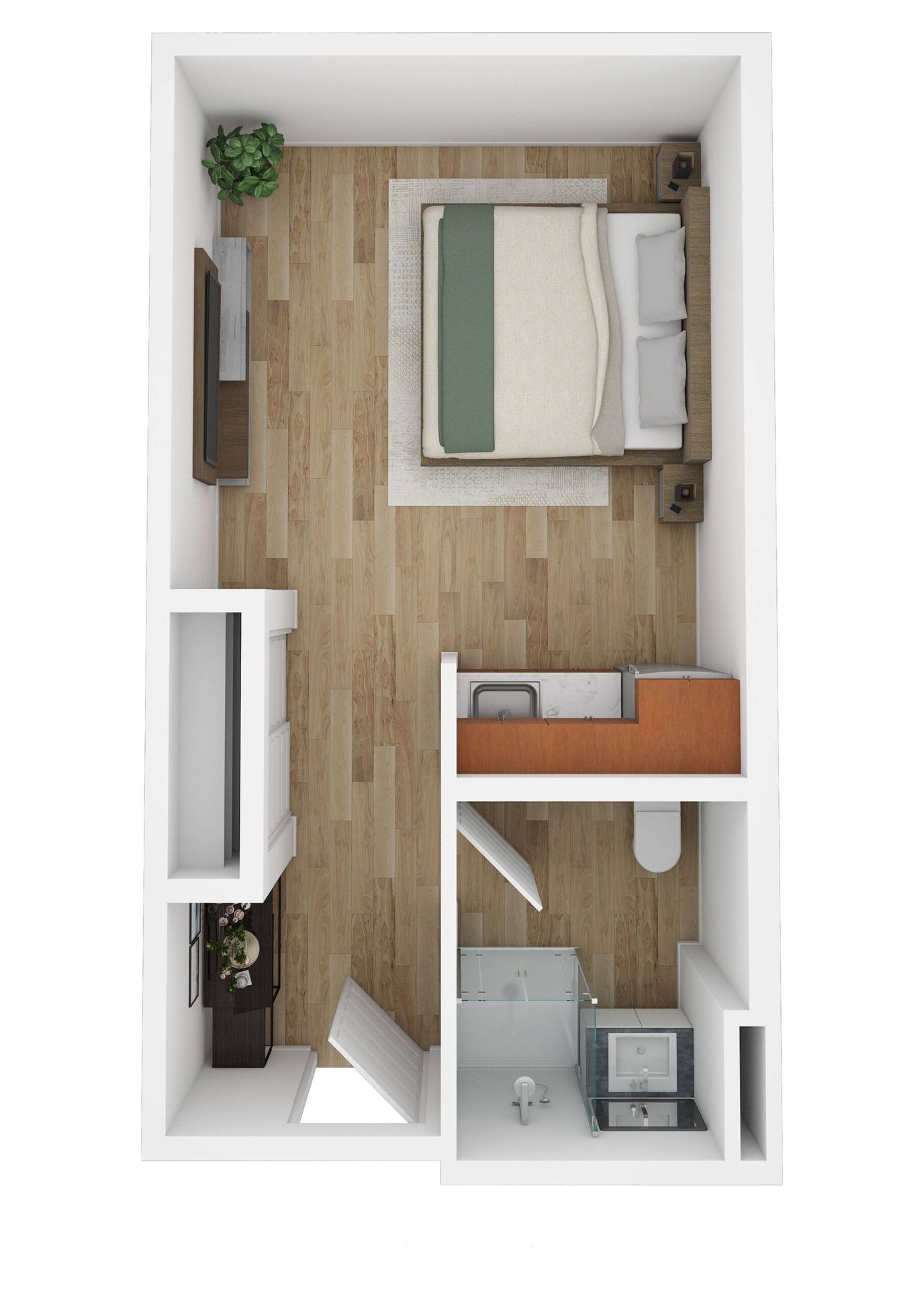 Top-down view of a private resident room layout
