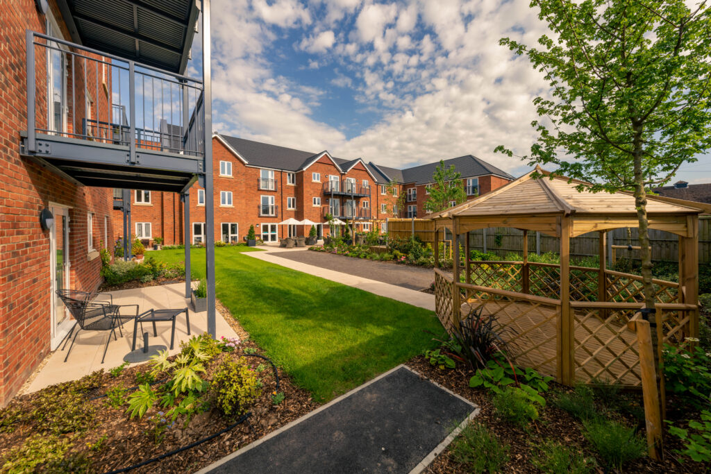 Gardens and walkways in the outdoor space