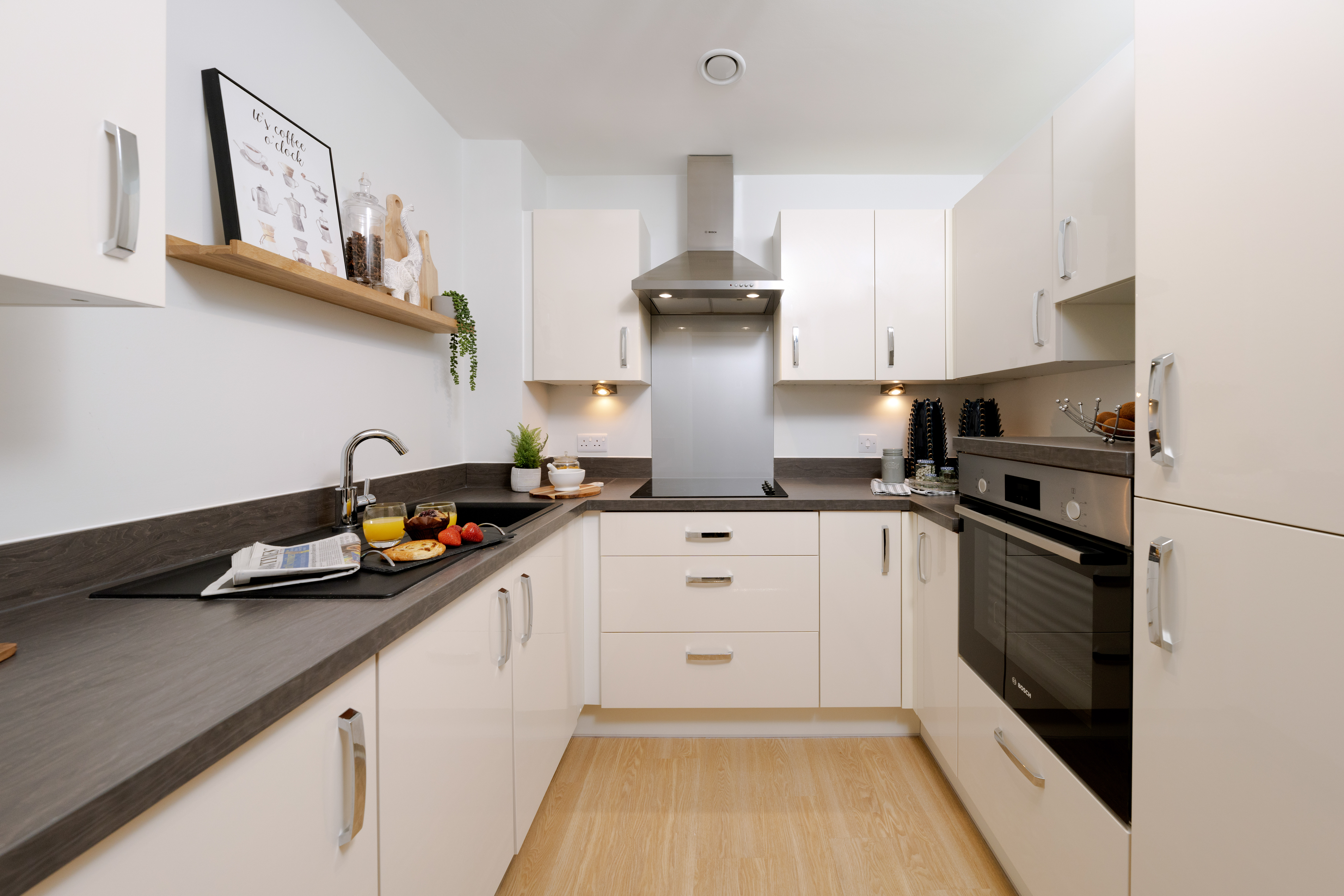 Modern kitchen with fresh fruits on the counter