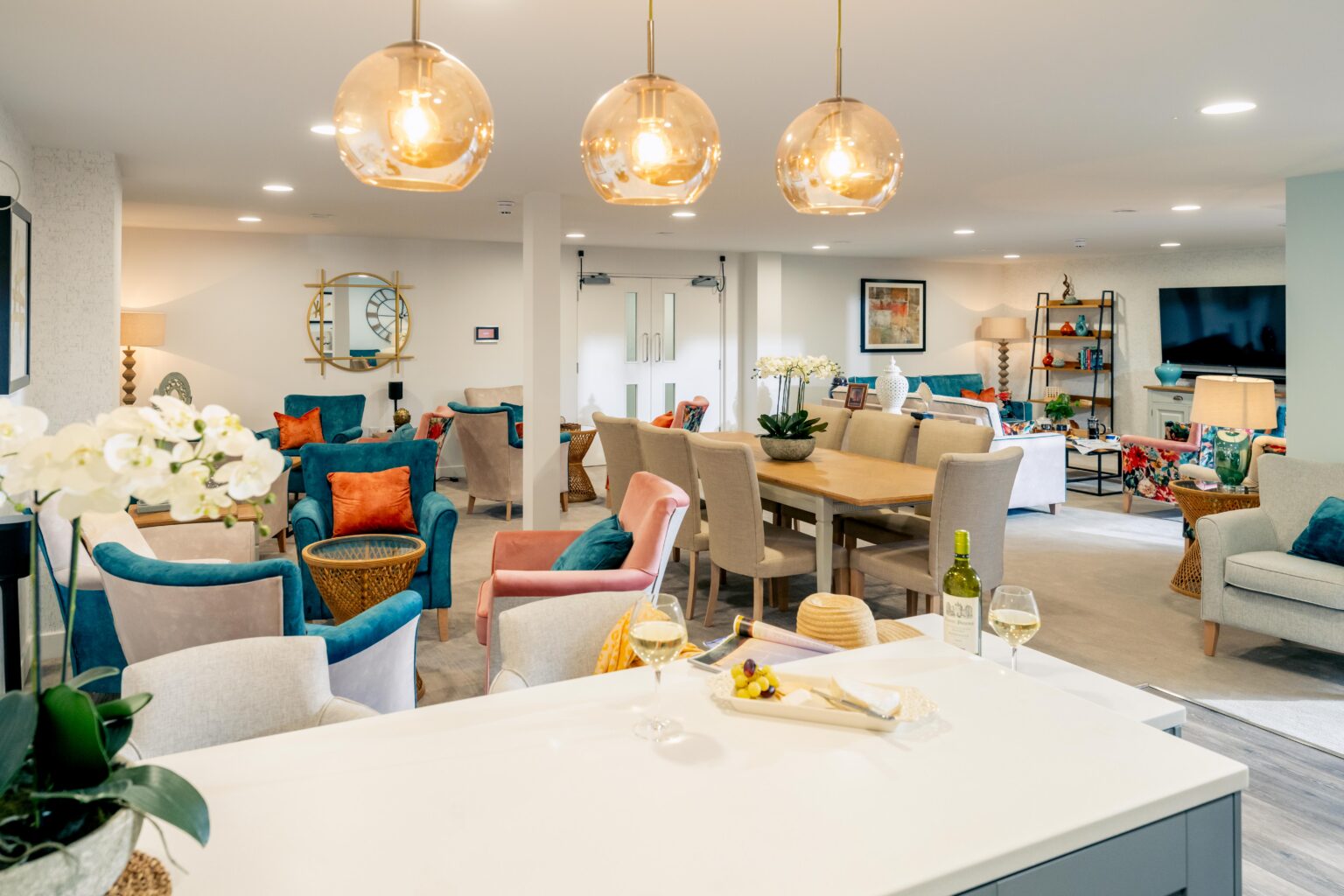 Stylish common area with seating and decorations.