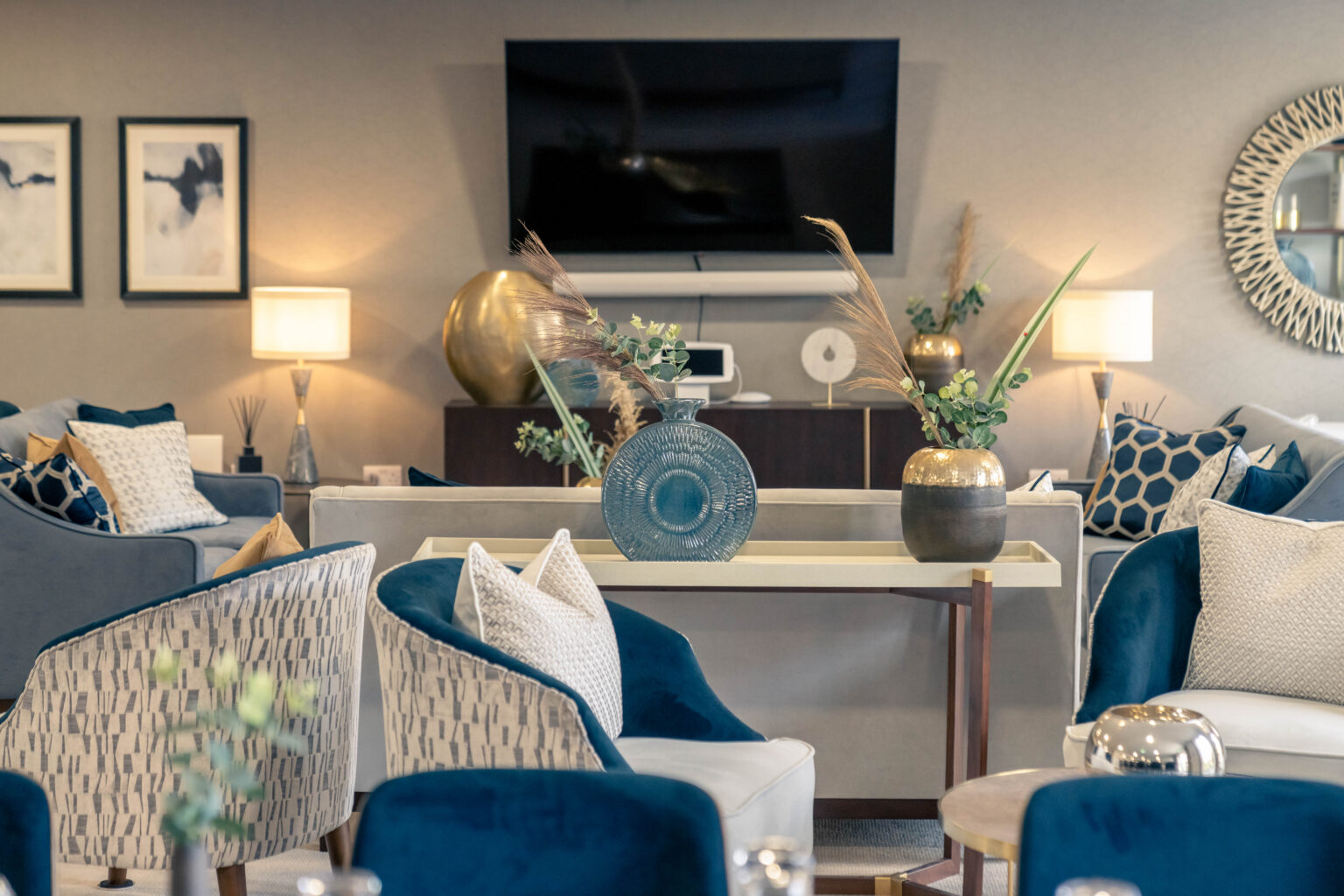 Elegant lounge area with stylish seating and decor