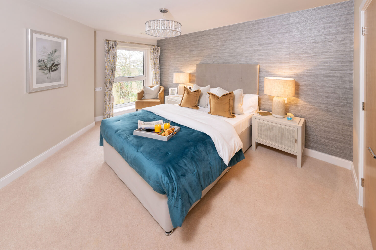 Cozy bedroom with modern decor and seating