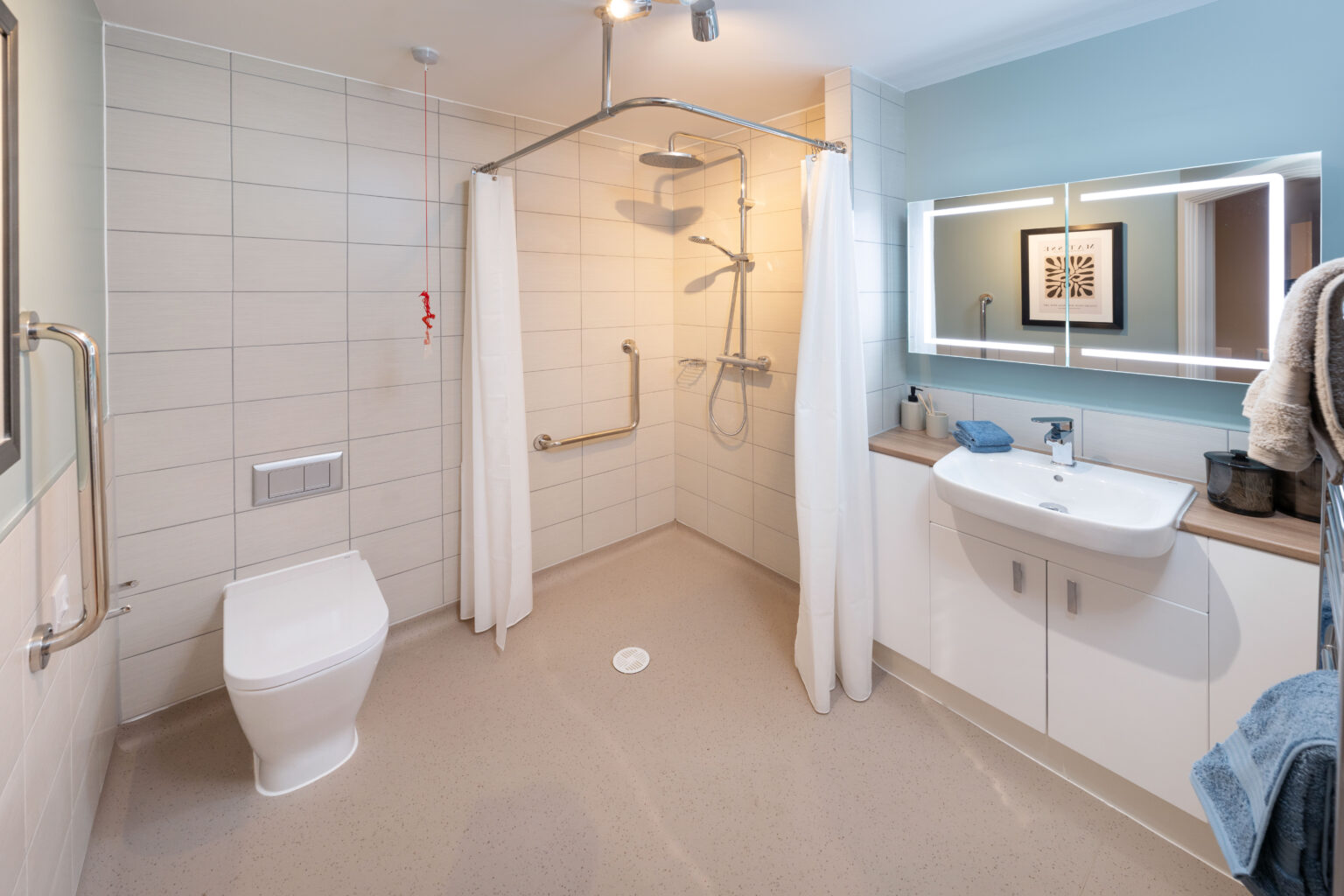 Accessible bathroom with shower and sink.