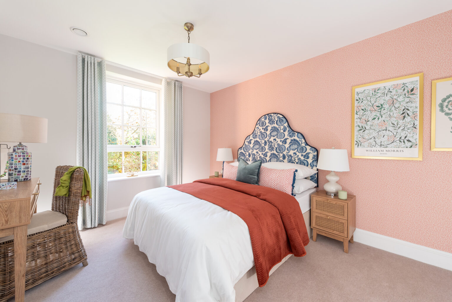 Cozy bedroom with a decorative headboard and natural light