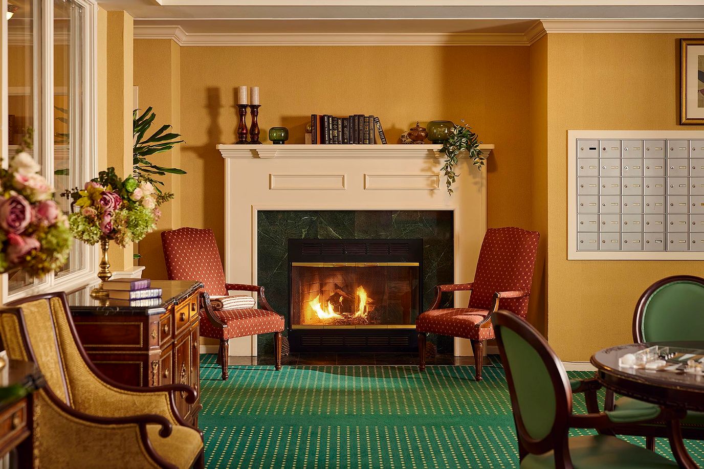 Cozy common area with a fireplace and seating
