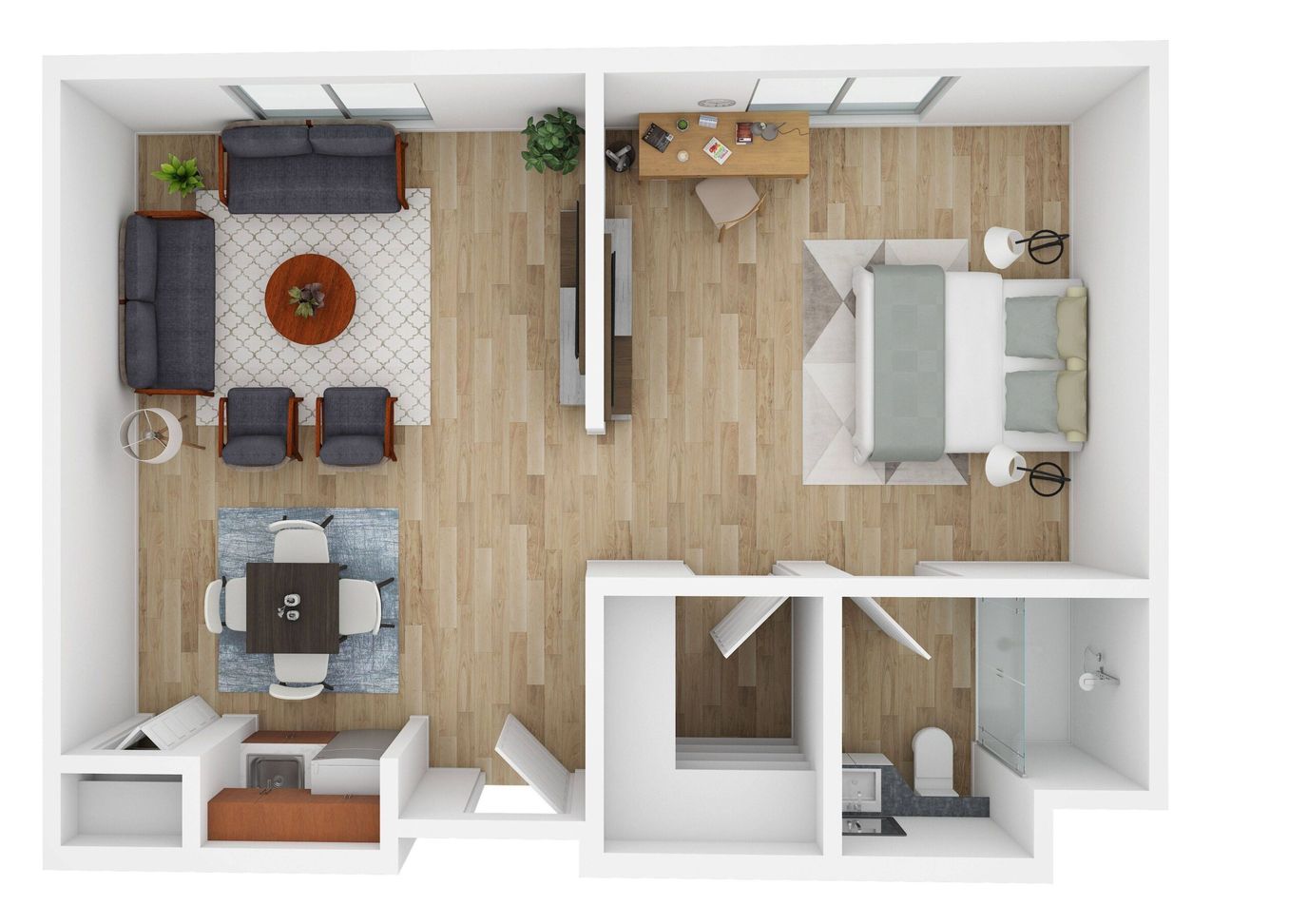 Floor plan of a living unit with furniture layout