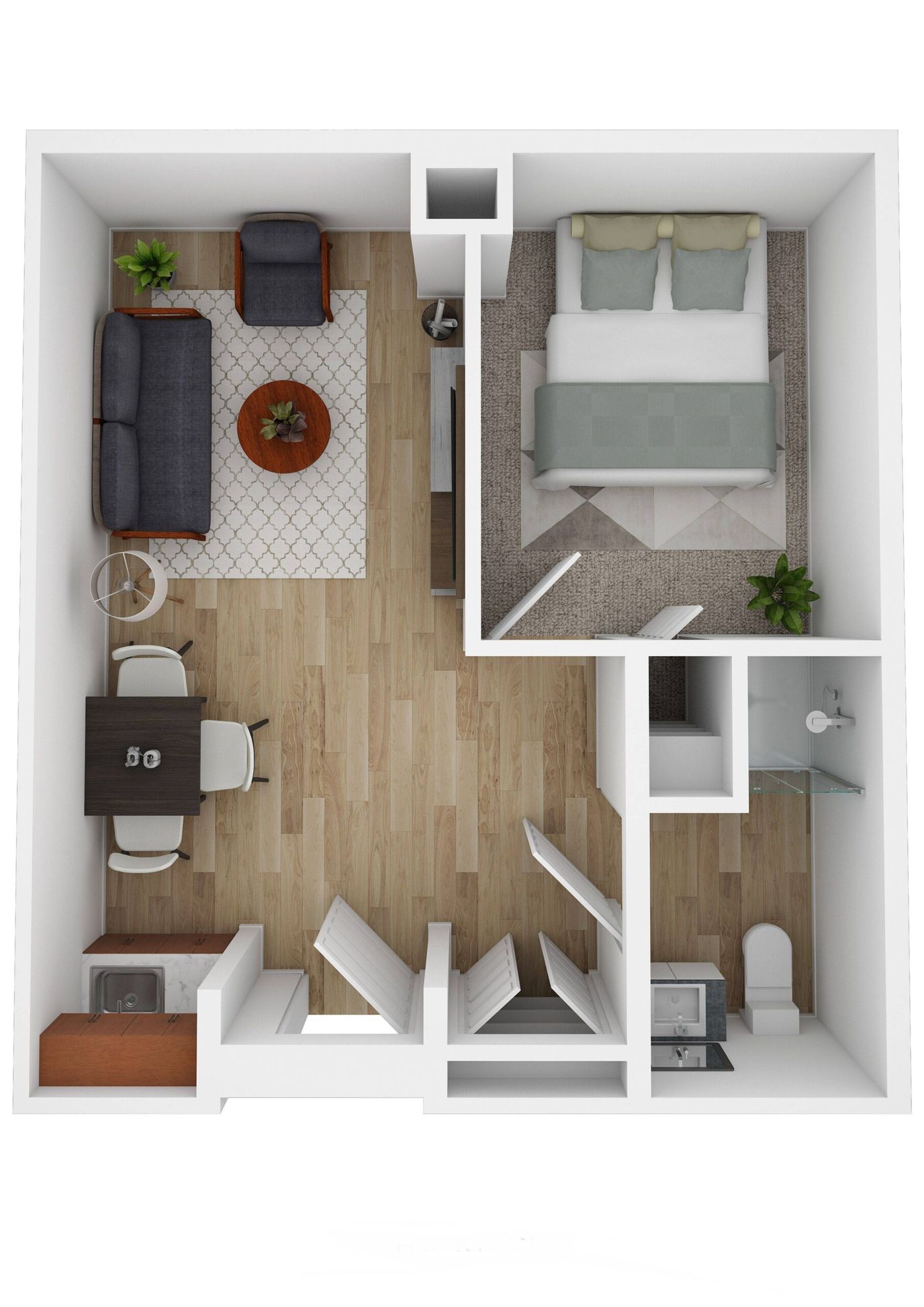 A floor plan of a one-bedroom unit