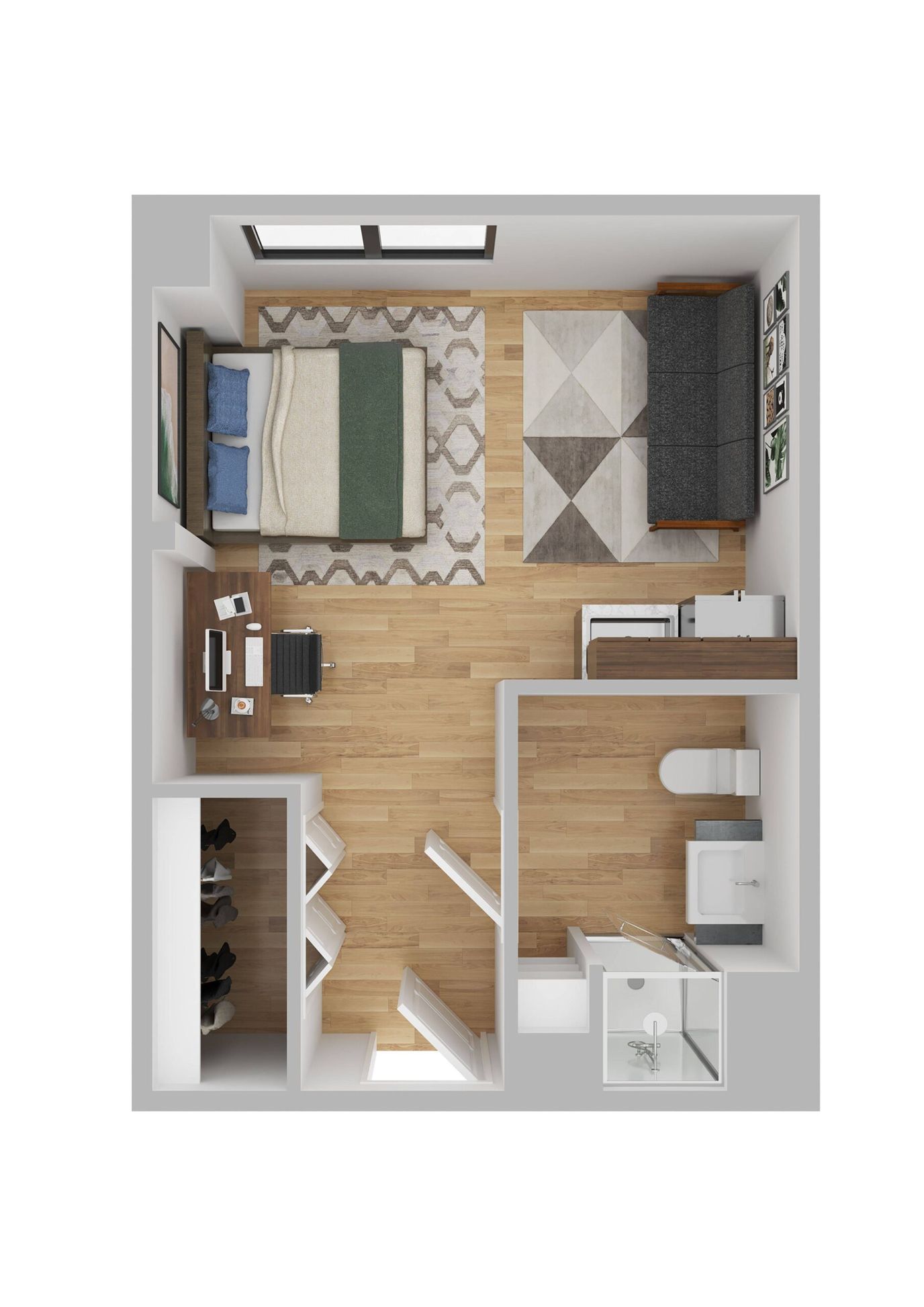 Interior layout of a resident room with furniture