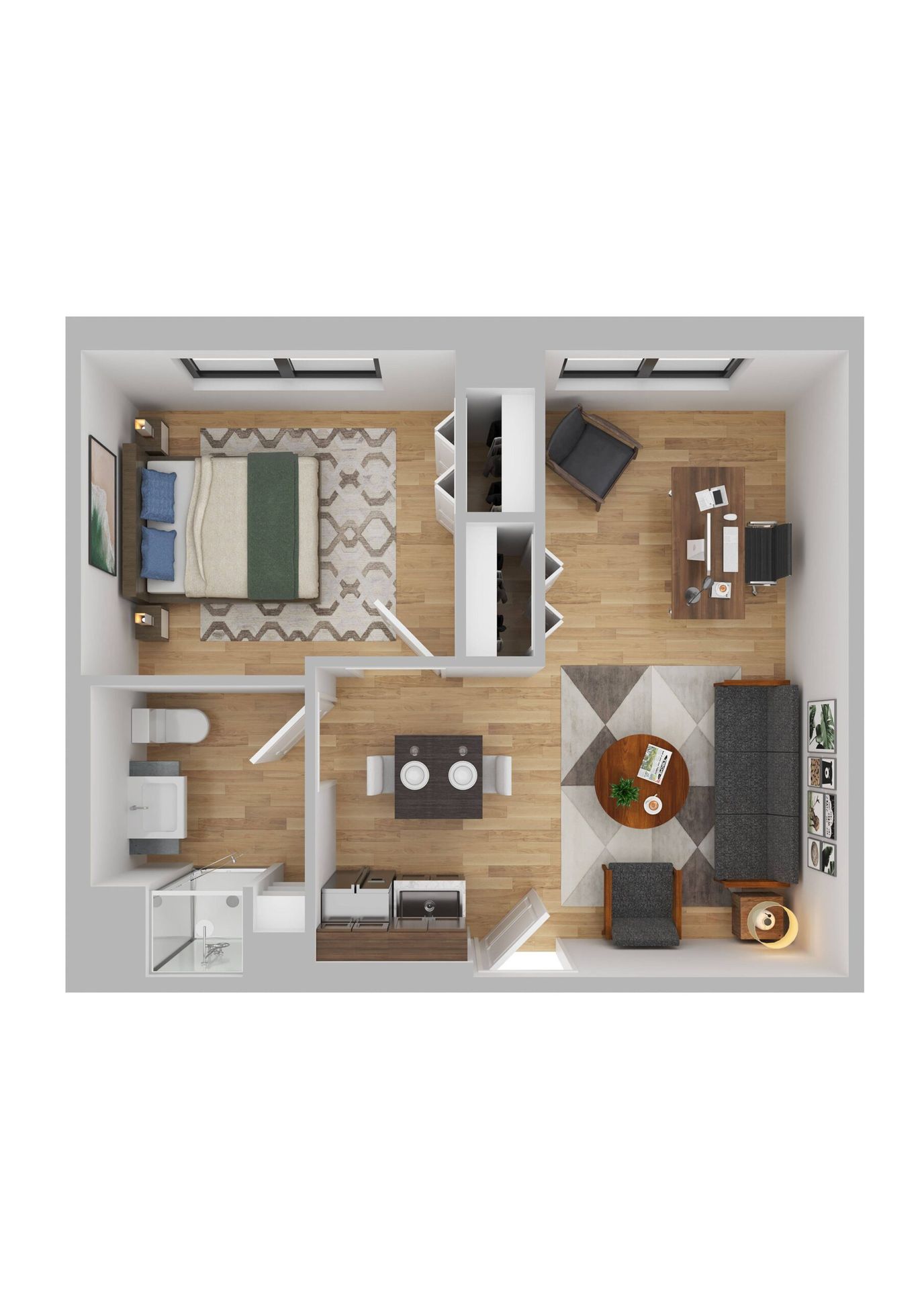 Stylized floor plan of a residential unit