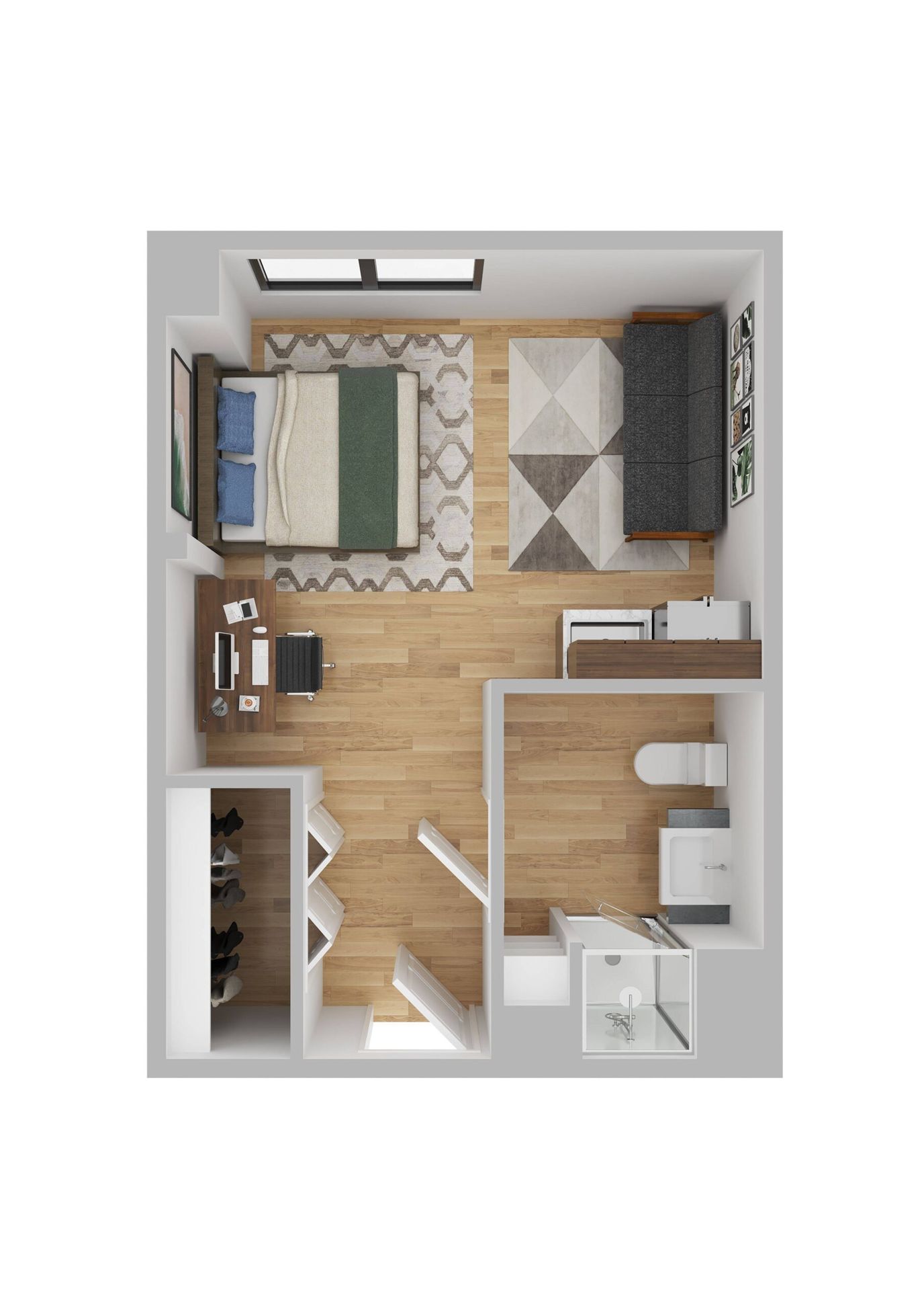 Aerial view of a small resident room layout