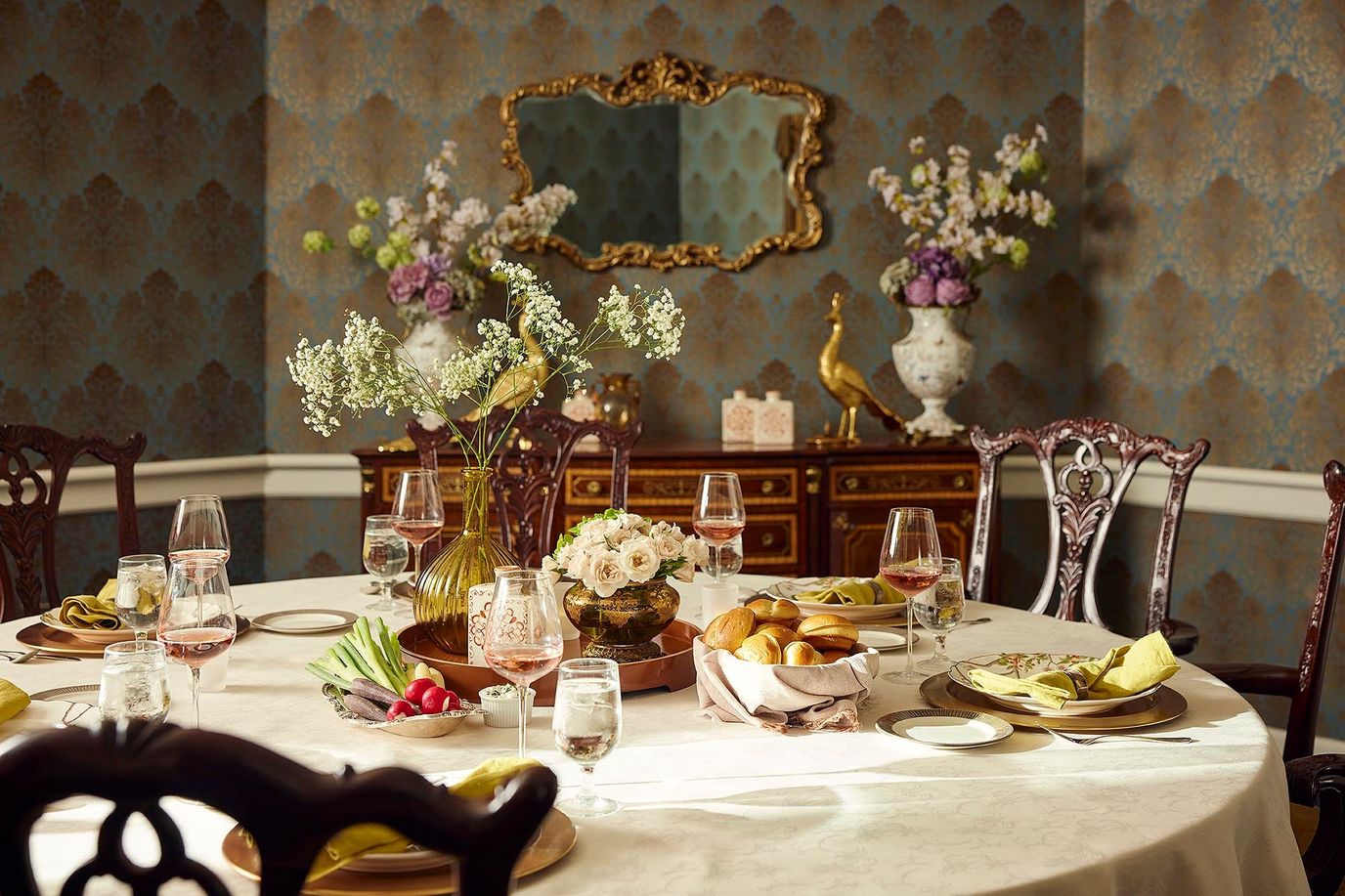 Elegant dining room setup with gourmet meals