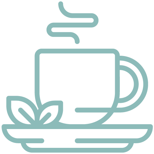 Graphic of a steaming cup of coffee with leaves