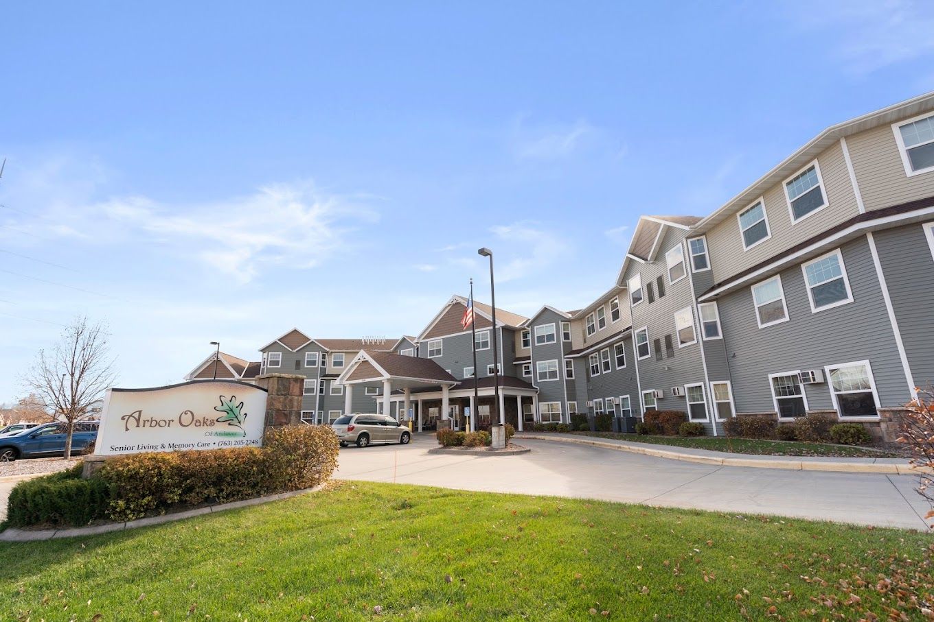 View of the Arbor Oaks Senior Living building and entrance
