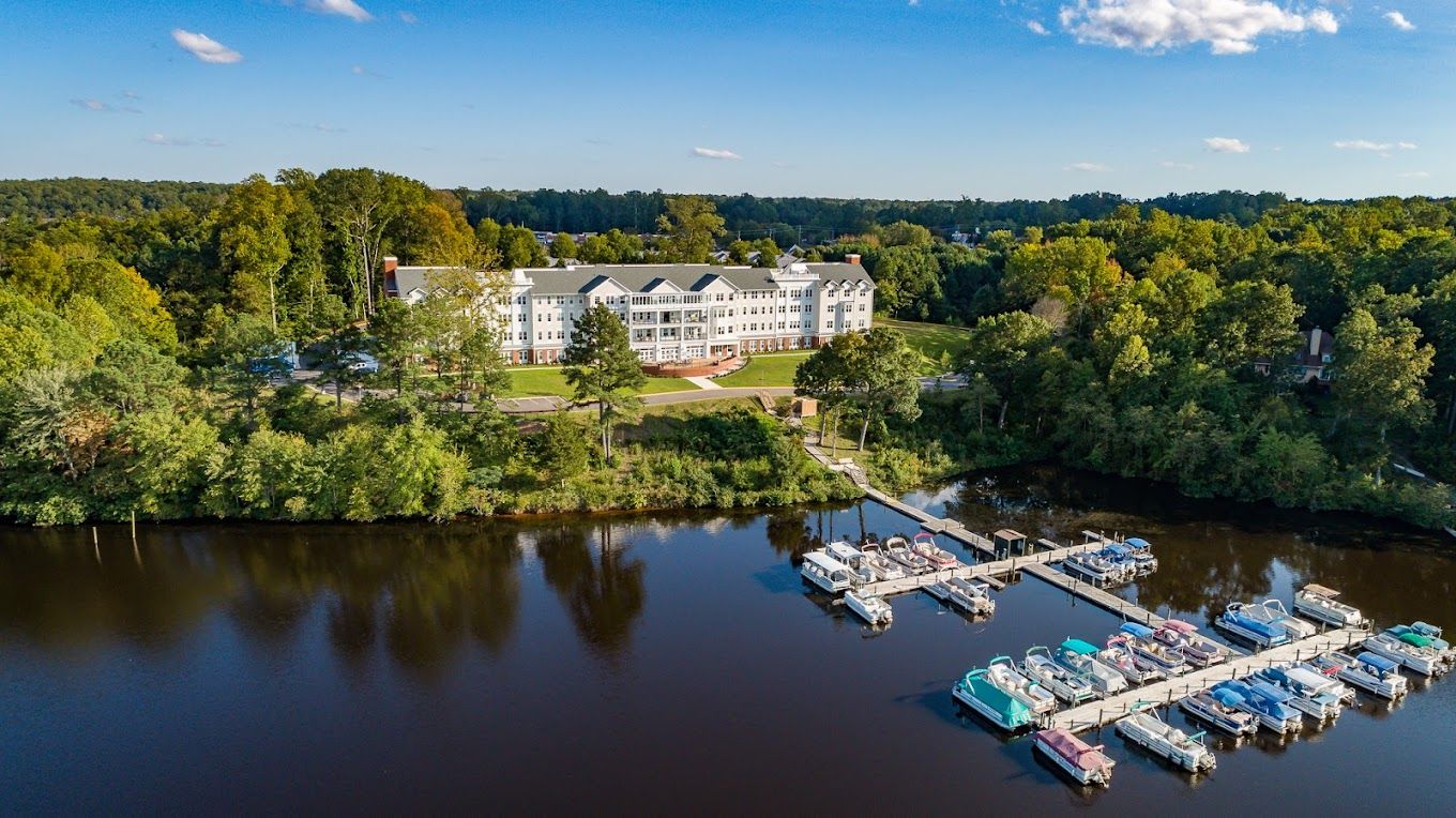 Aerial view of Auburn Hill Senior Living by the water