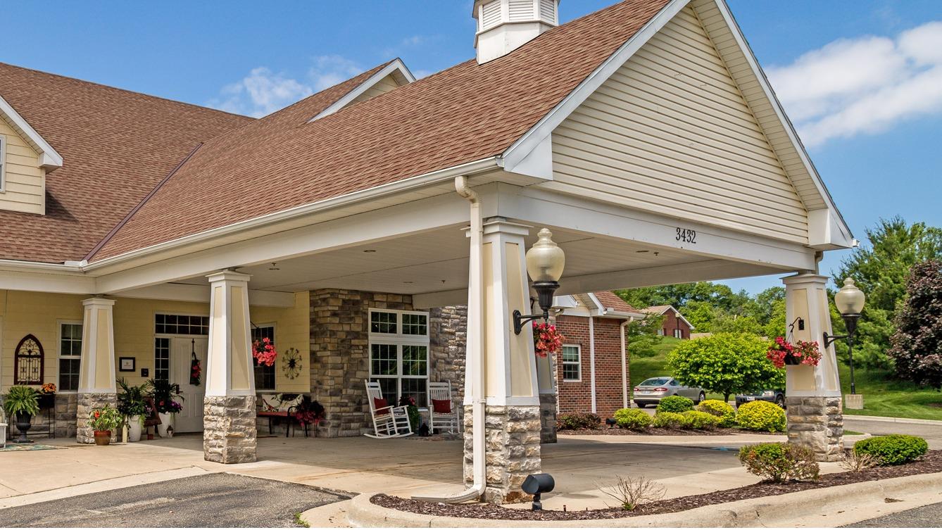 Building entrance with landscaped outdoor space