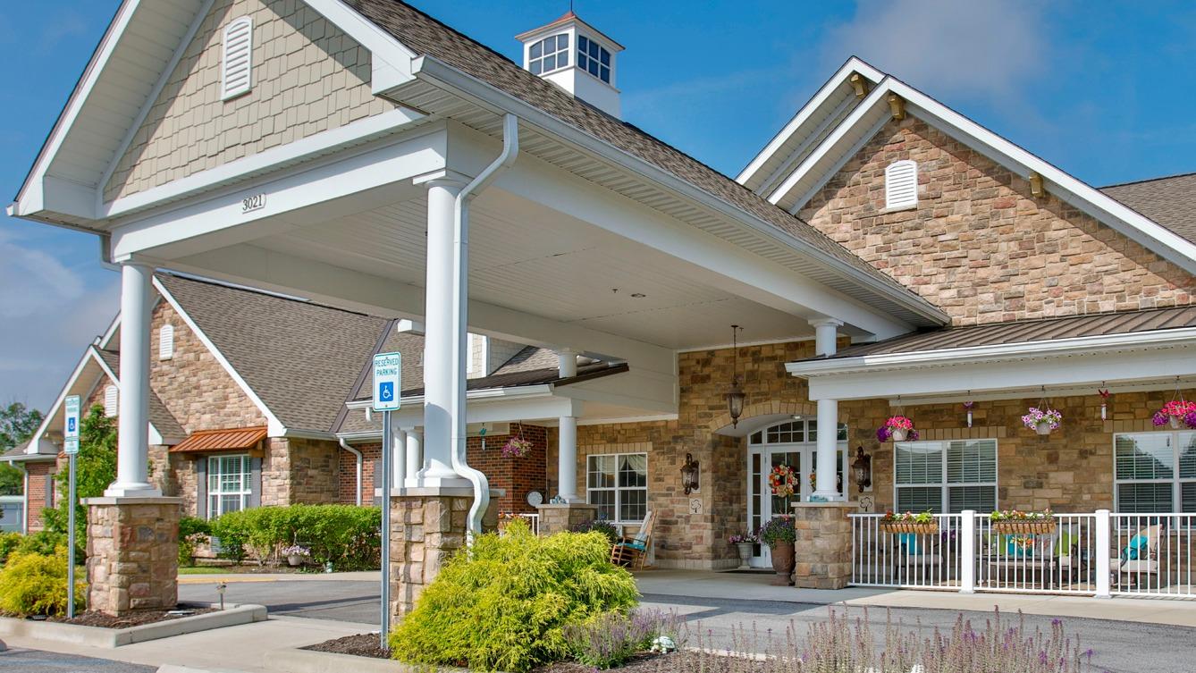 Exterior view of senior living facility entrance