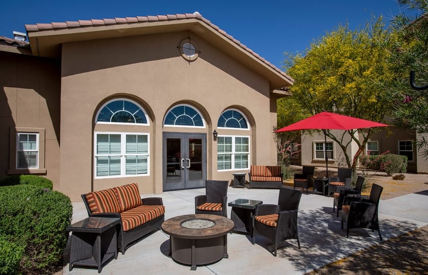 Exterior view of a seating area in a senior living facility