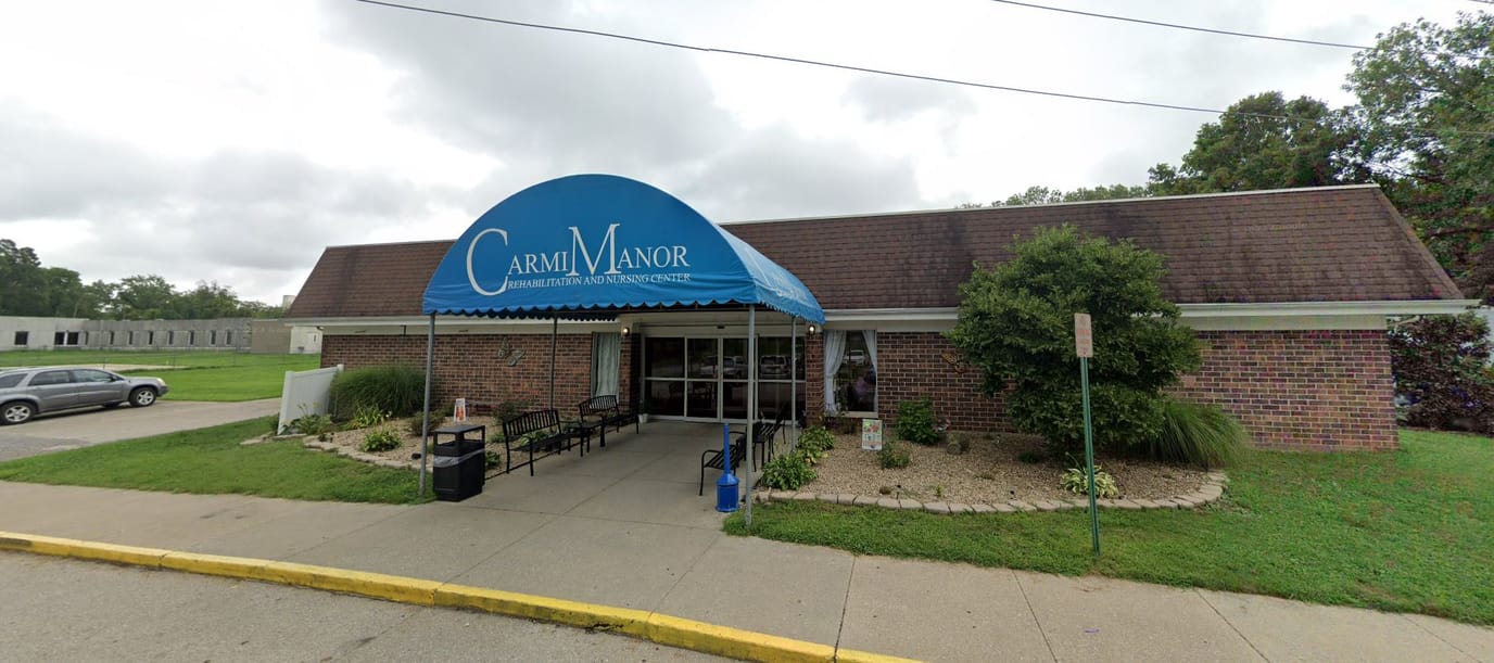 Exterior view of Carmi Manor Rehabilitation and Nursing entrance