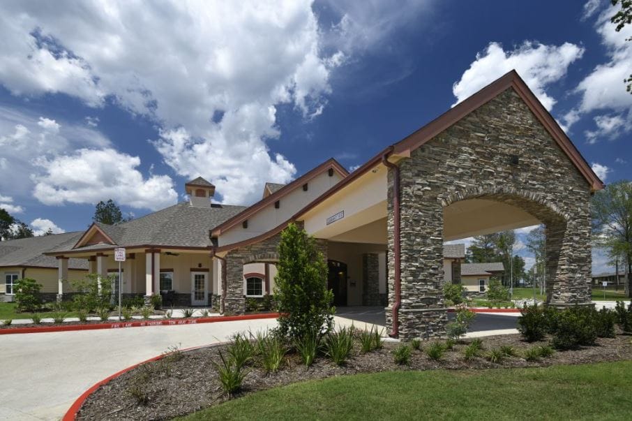 Exterior view of a senior living community building