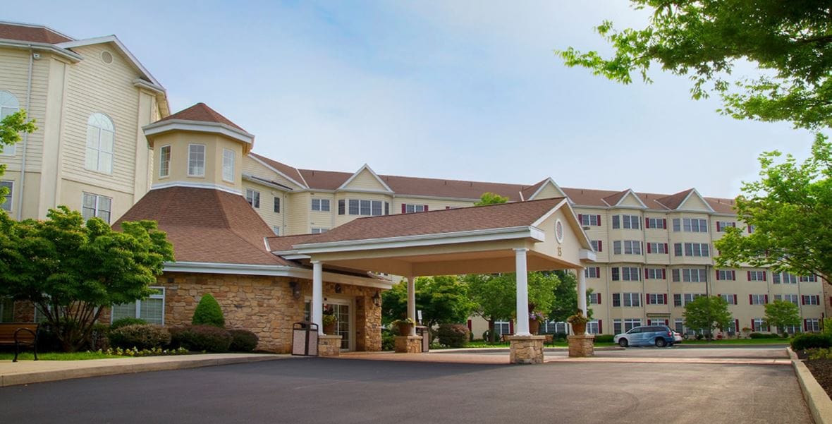 Exterior view of Freedom Village at Brandywine with gardens