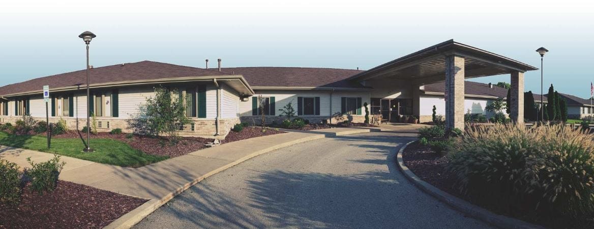 Exterior view of a senior living facility entrance