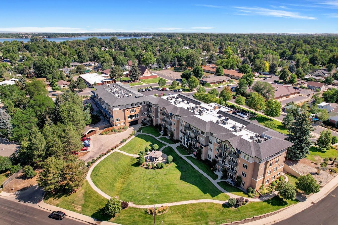 Aerial view of Hillcrest of Loveland with landscaped grounds