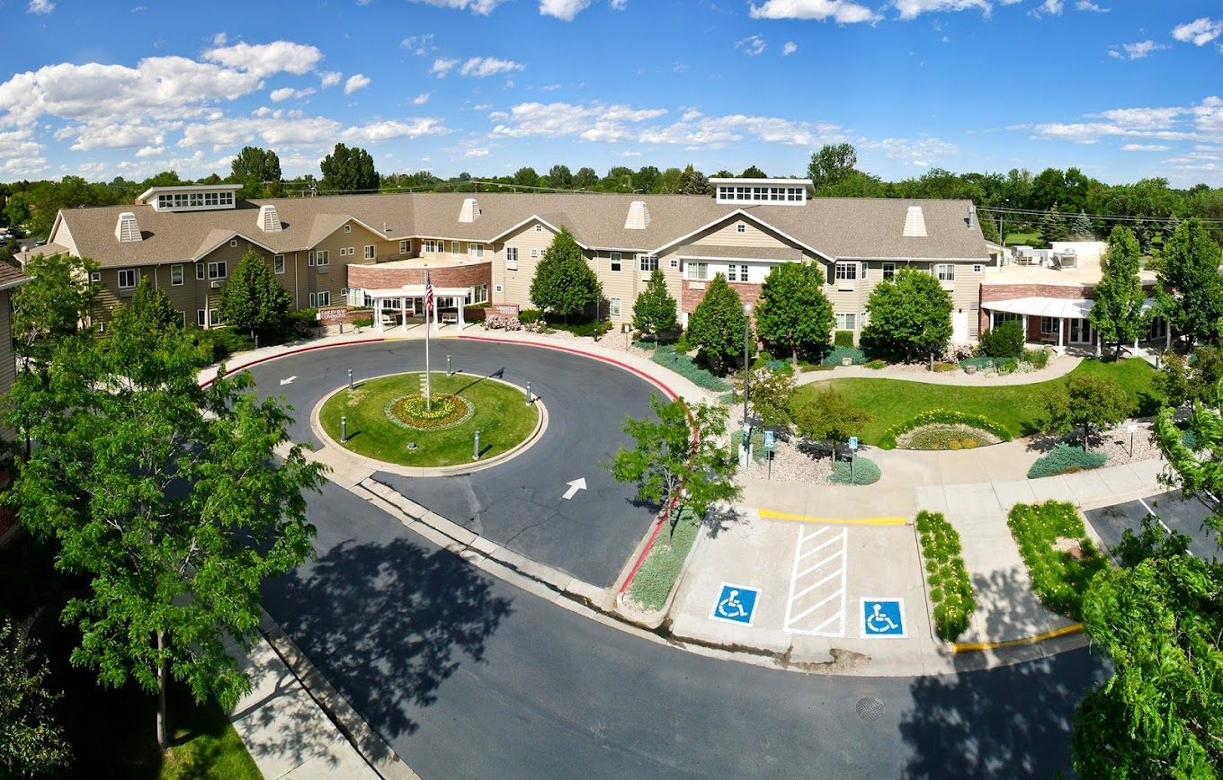 Aerial view of Lakeview Commons with gardens and pathways