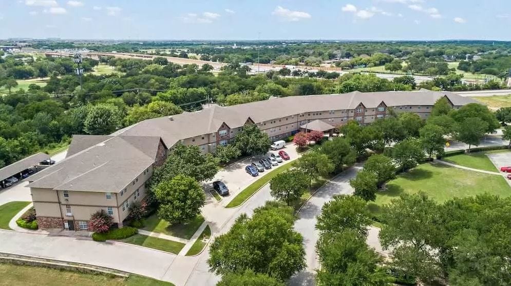 Aerial view of Morada Meadow Lakes facility showing the exterior