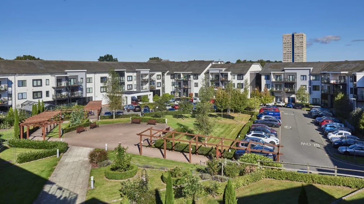 Aerial view of Pannel Croft Retirement Village with gardens and parking