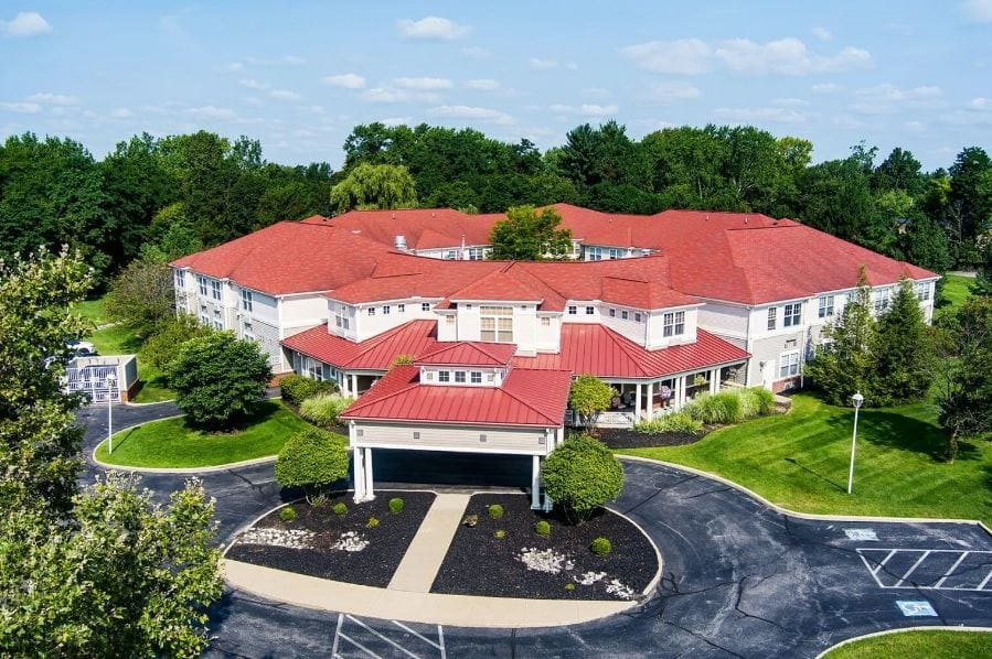 Aerial view of the SouthWest Commons building with red roofs