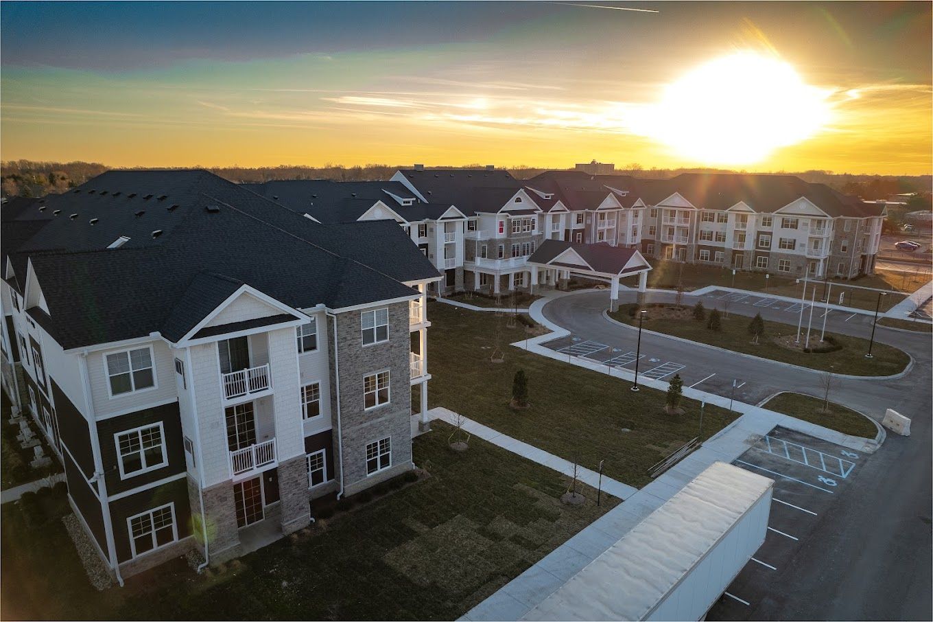Aerial view of the assisted living facility at sunset
