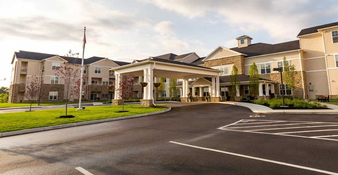 Exterior view of a senior living facility entrance