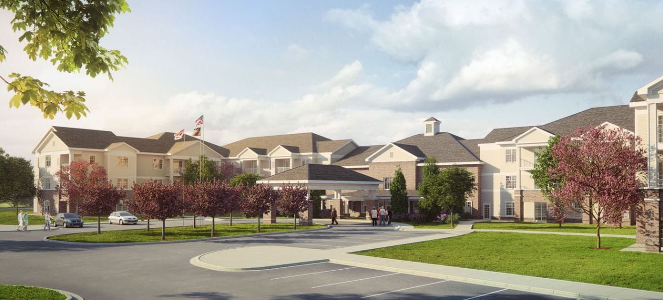 Exterior view of StoryPoint Waterville with landscaped grounds