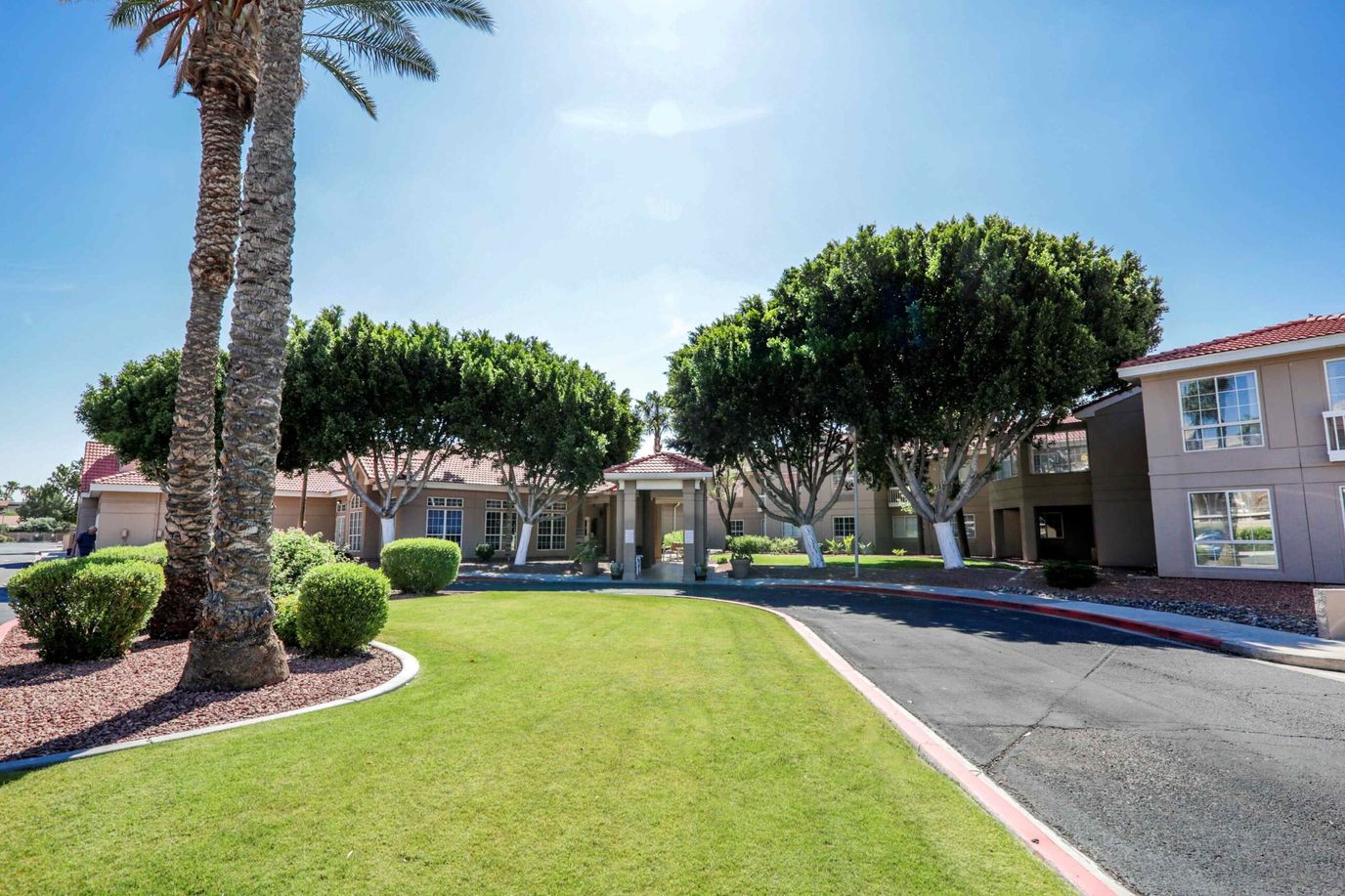Entrance of The Gardens of Sun City with palm trees